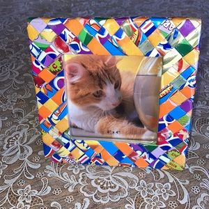 Colorful print photo frame, 6” sq. takes 4” x 4” photo., shiny plastic $15